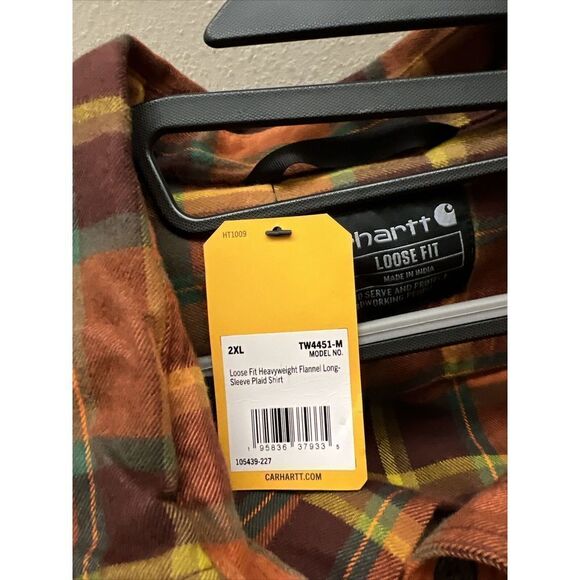 Carhartt TW4451 Mens Sz 2XL Orange Plaid Loose Fit Heavyweight L/S Flannel Shirt - Picture 6 of 6